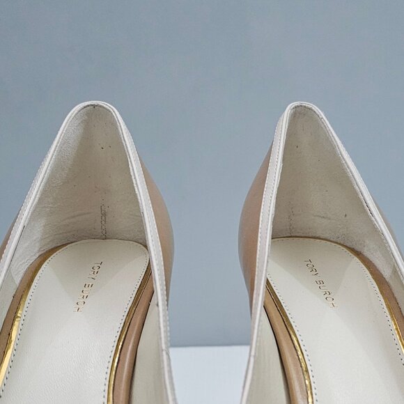 Tory Burch Double T Buckle Pump Womens 10.5 Tan Cream Leather Pointed Toe Heels - Picture 8 of 16